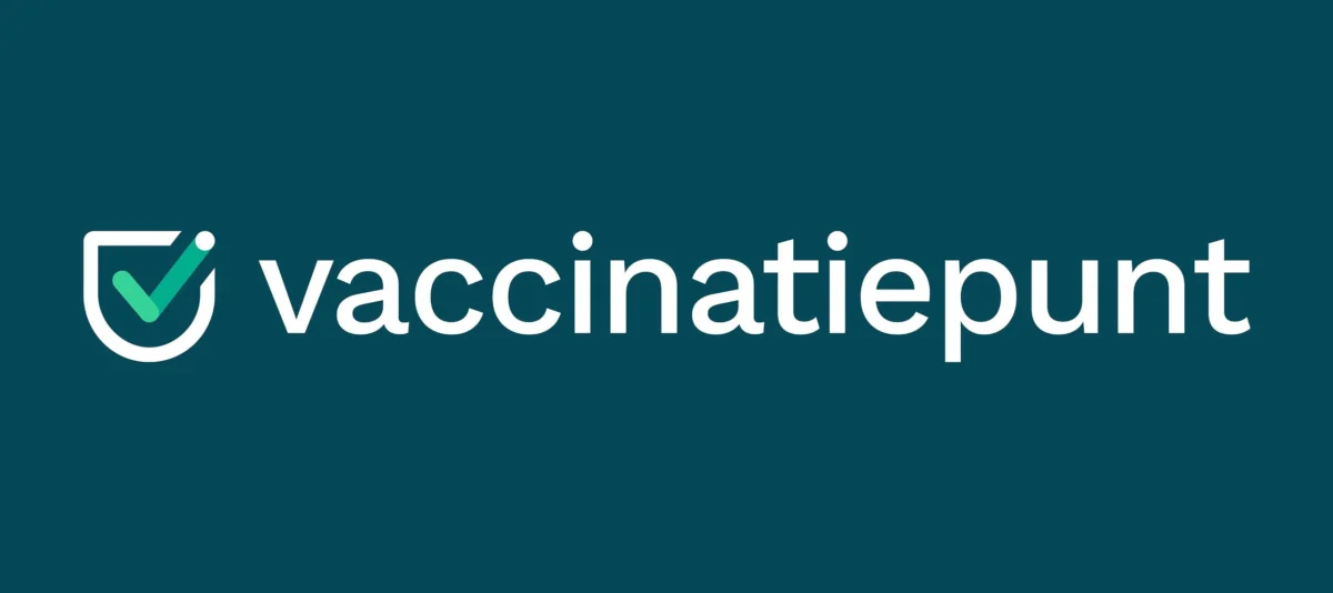Vaccinatiepunt logo featuring white text and a green checkmark shield icon on dark teal.