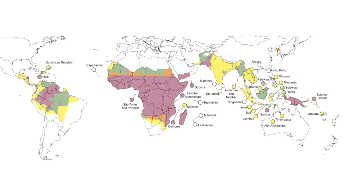 World map showing color-coded geographic regions with labels for various tropical countries and islands.