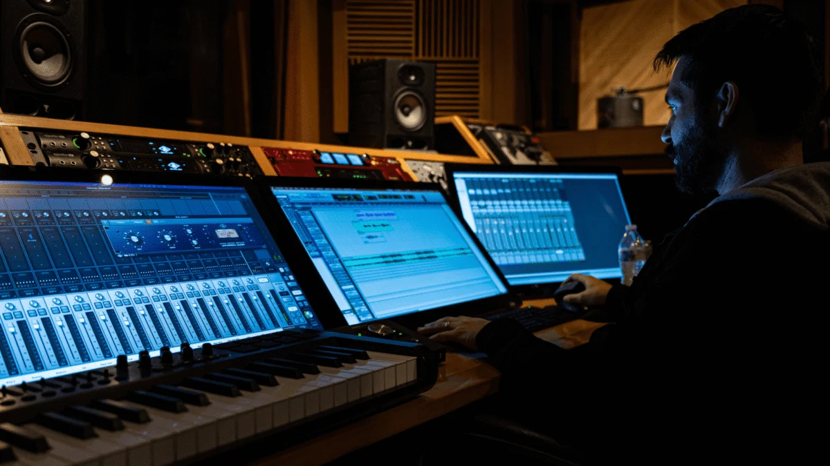 A sound engineer working on audio editing software in a music recording studio.