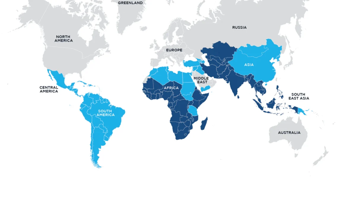 World map highlighting regions like South America, Africa, and Asia in shades of blue.