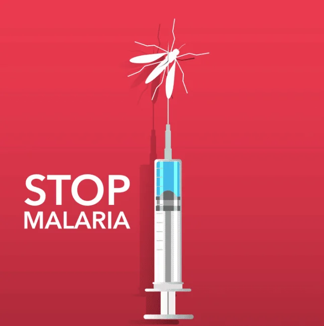 Syringe piercing a white mosquito next to text reading Stop Malaria on red background