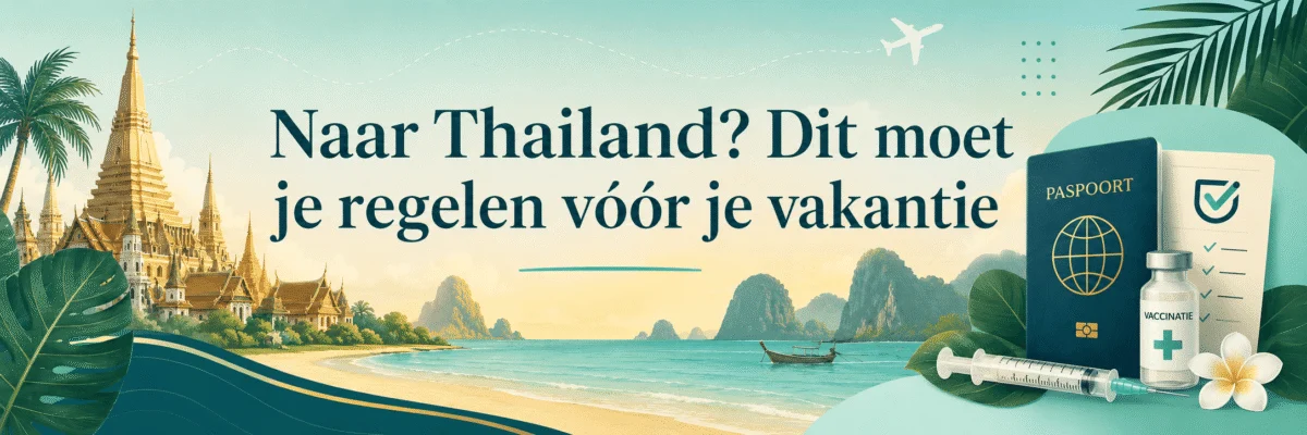 Thailand travel banner with Dutch text, featuring a Thai temple landscape, passport, and vaccine bottle.