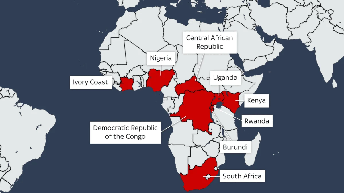 Map of Africa highlighting several countries in red, including Nigeria, Kenya, and the DRC.