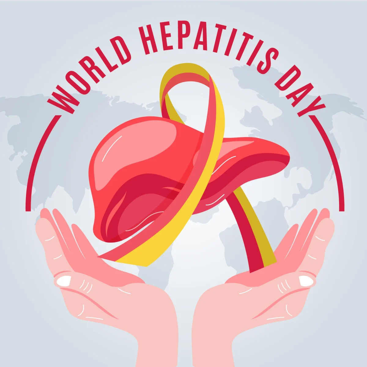 World Hepatitis Day graphic with hands holding a liver wrapped in an awareness ribbon.