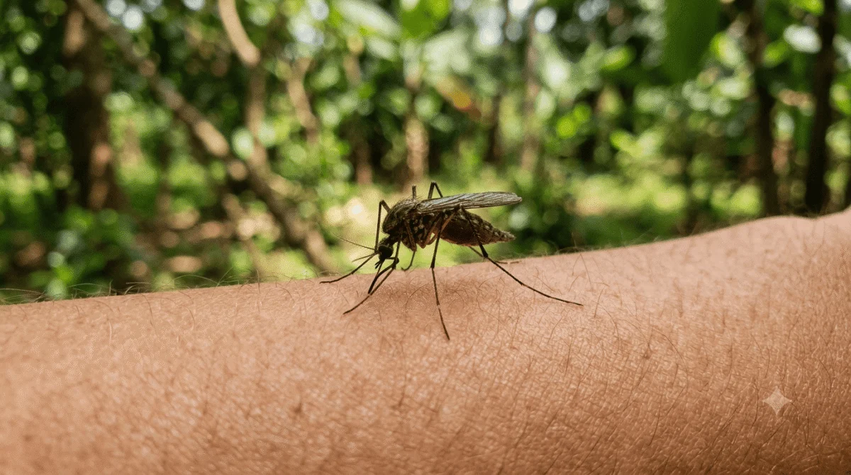 A mosquito resting on a person's arm with a blurred green foliage background.