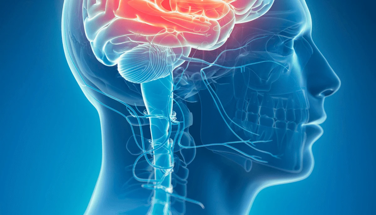 Medical illustration of a human head profile with a glowing red highlighted brain.