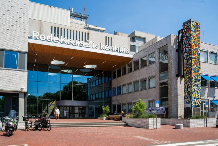 Main entrance of the Rode Kruis Ziekenhuis hospital in Beverwijk with modern glass facade