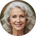 Smiling senior woman with wavy grey hair looking directly at the camera