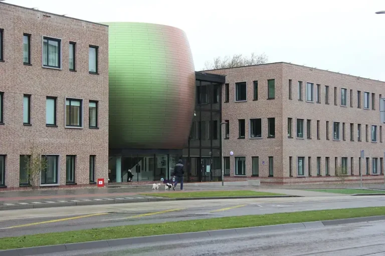 Modern brick building in Brunssum featuring a large rounded iridescent green structure