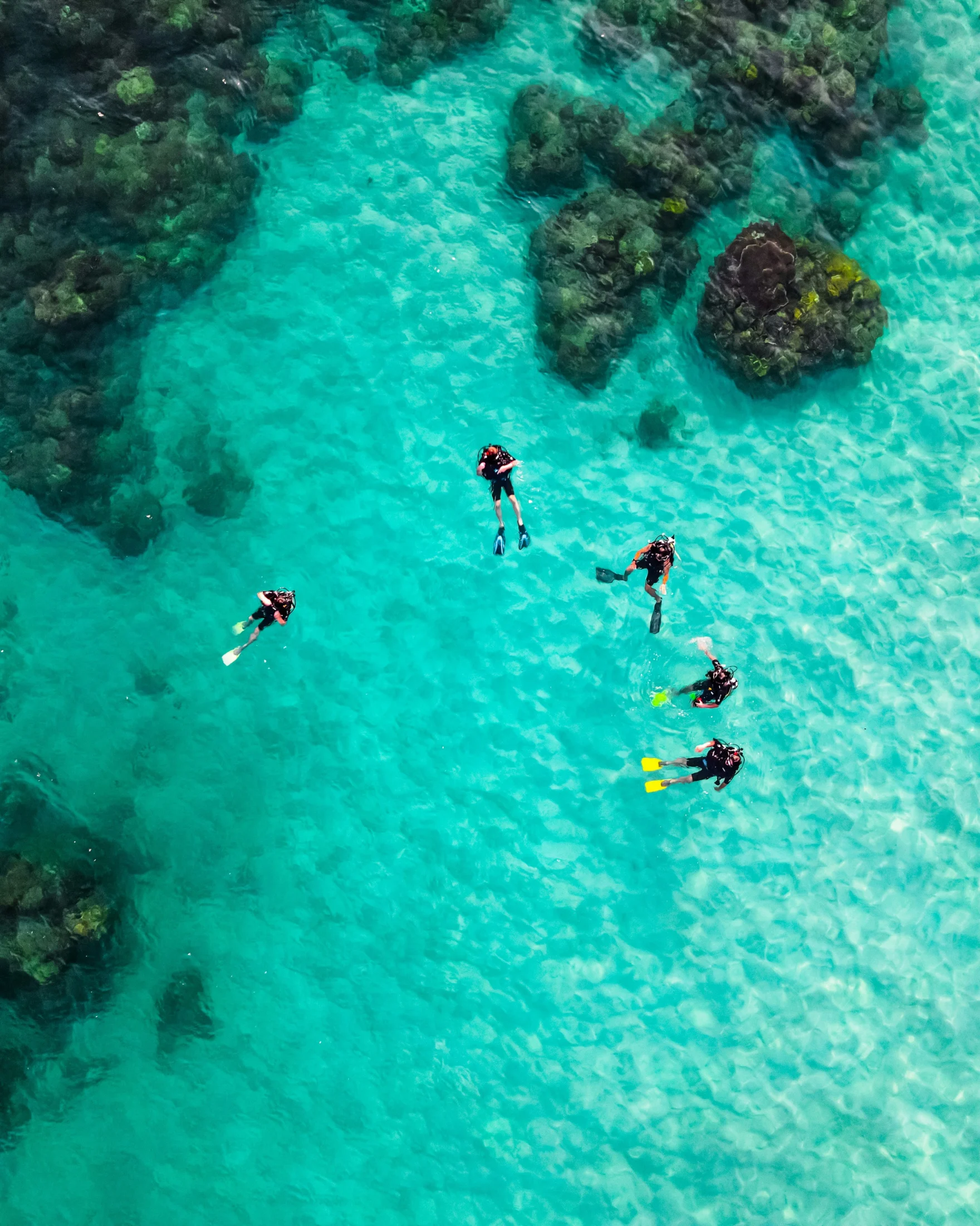 Luchtfoto van snorkelaars boven een turquoise koraalrif