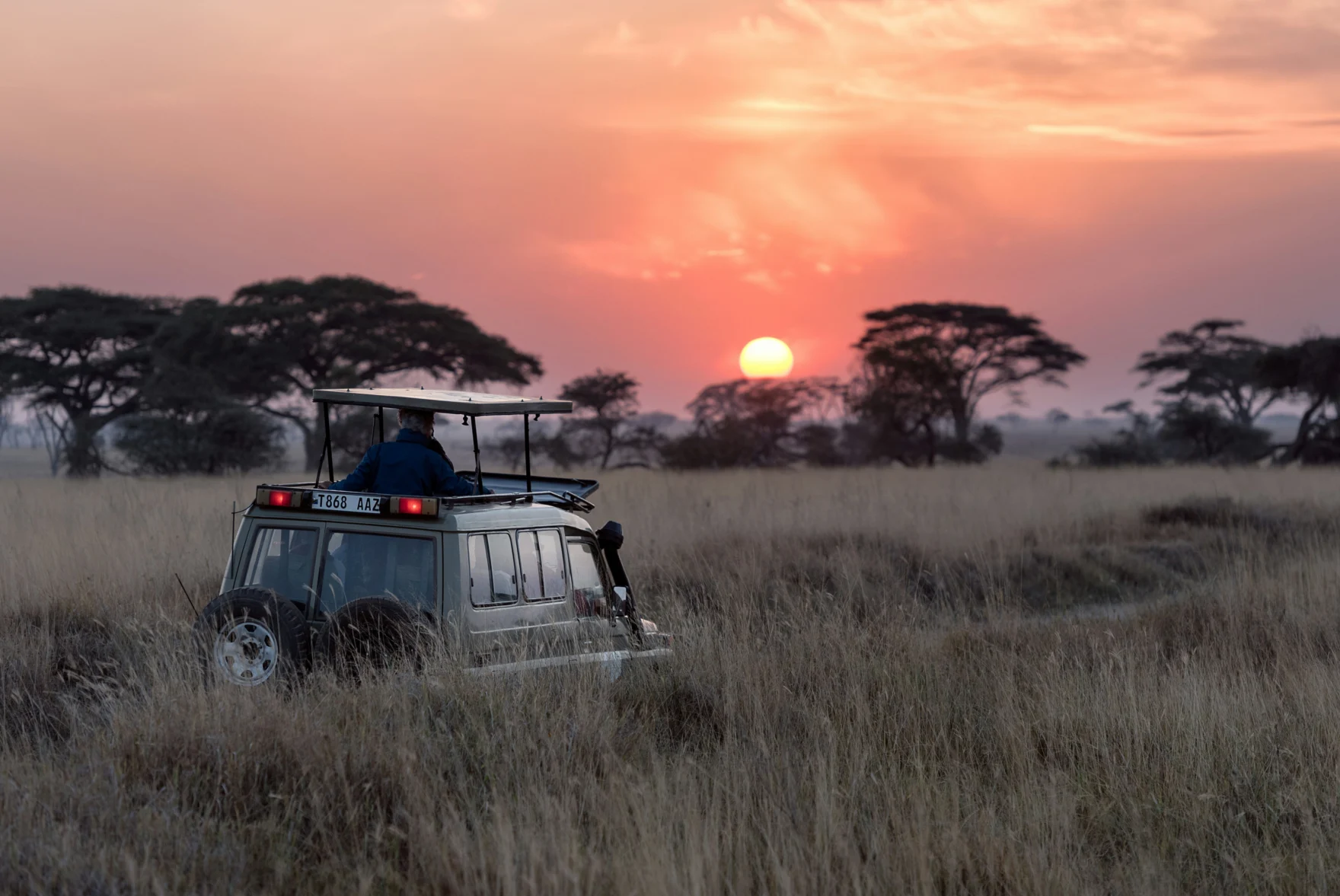 Safarivoertuig in de savanne bij zonsondergang