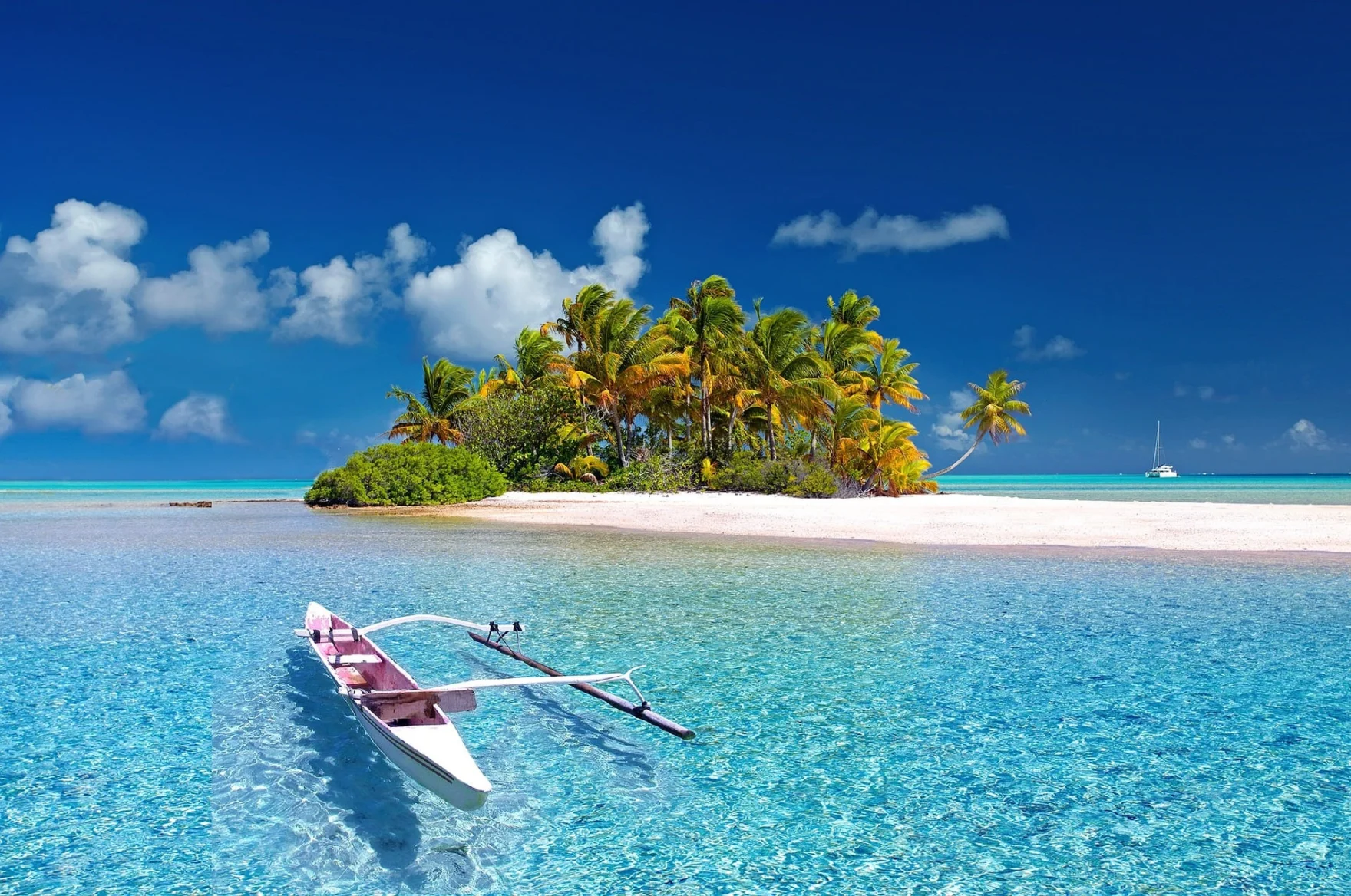 Palmeneiland met kano in Frans-Polynesië