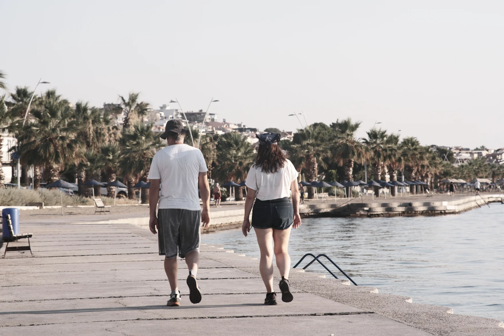 Man and woman walking away along a seaside promenade lined with palm trees.