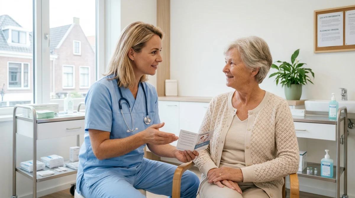 Healthcare provider in blue scrubs discussing an informational brochure with an older female patient.