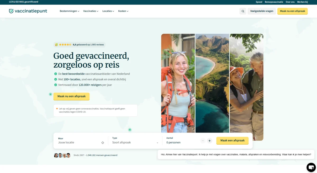 Homepage of the Vaccinatiepunt website featuring travel photos and an appointment booking form.